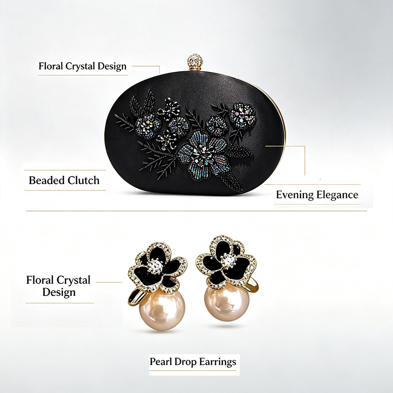 Beaded hard shell evening clutch set custom hard shell clutch with matching floral crystal pearl earrings