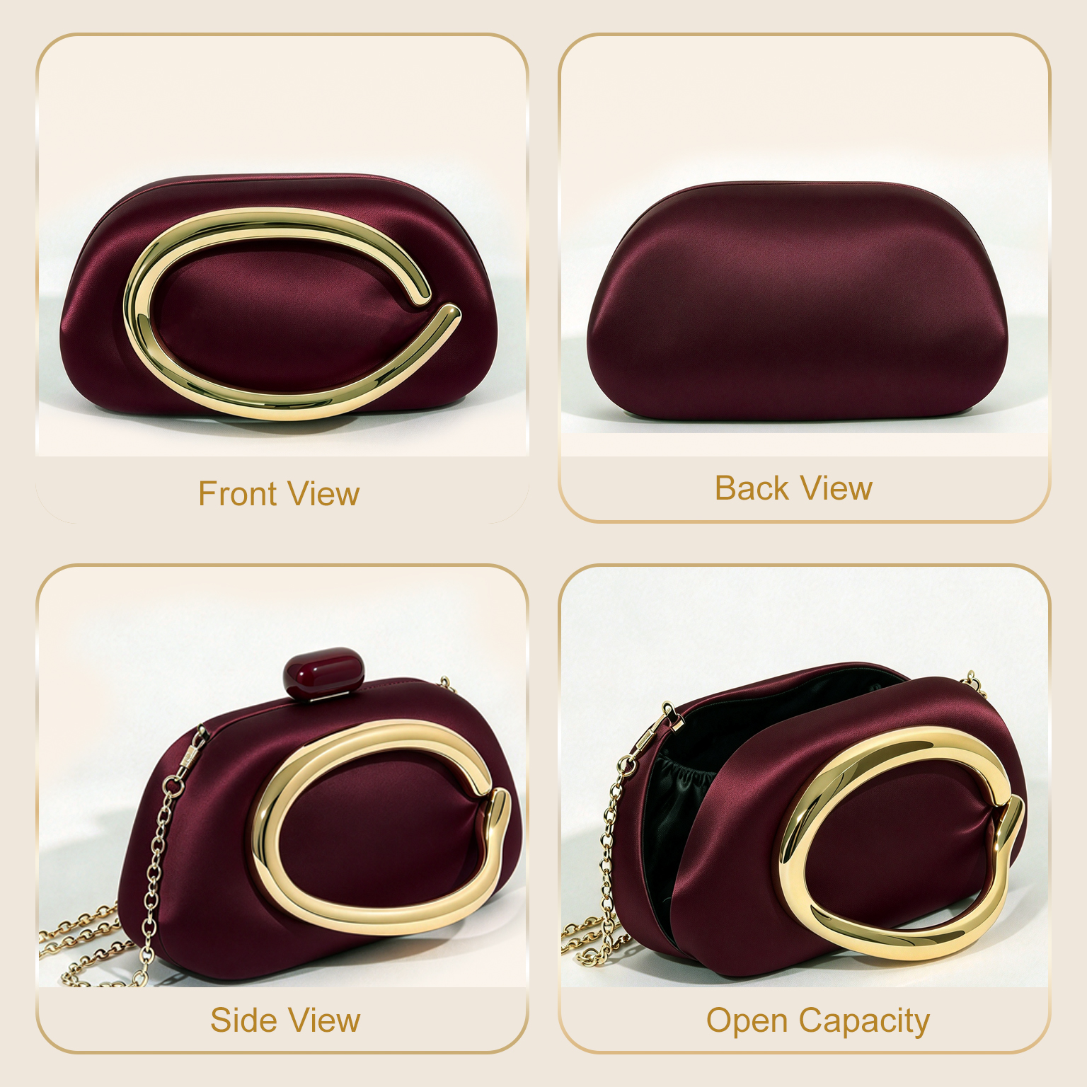  Luxury Geometric Gold Hardware Satin Evening Clutch & Jewelry Bundle, Two Tone Burgundy White Hard Shell Evening Purse Set Modern Formal Satin Clutch with Matching Necklace Earrings burgundy satin hard shell clutch front back side and open capacity view