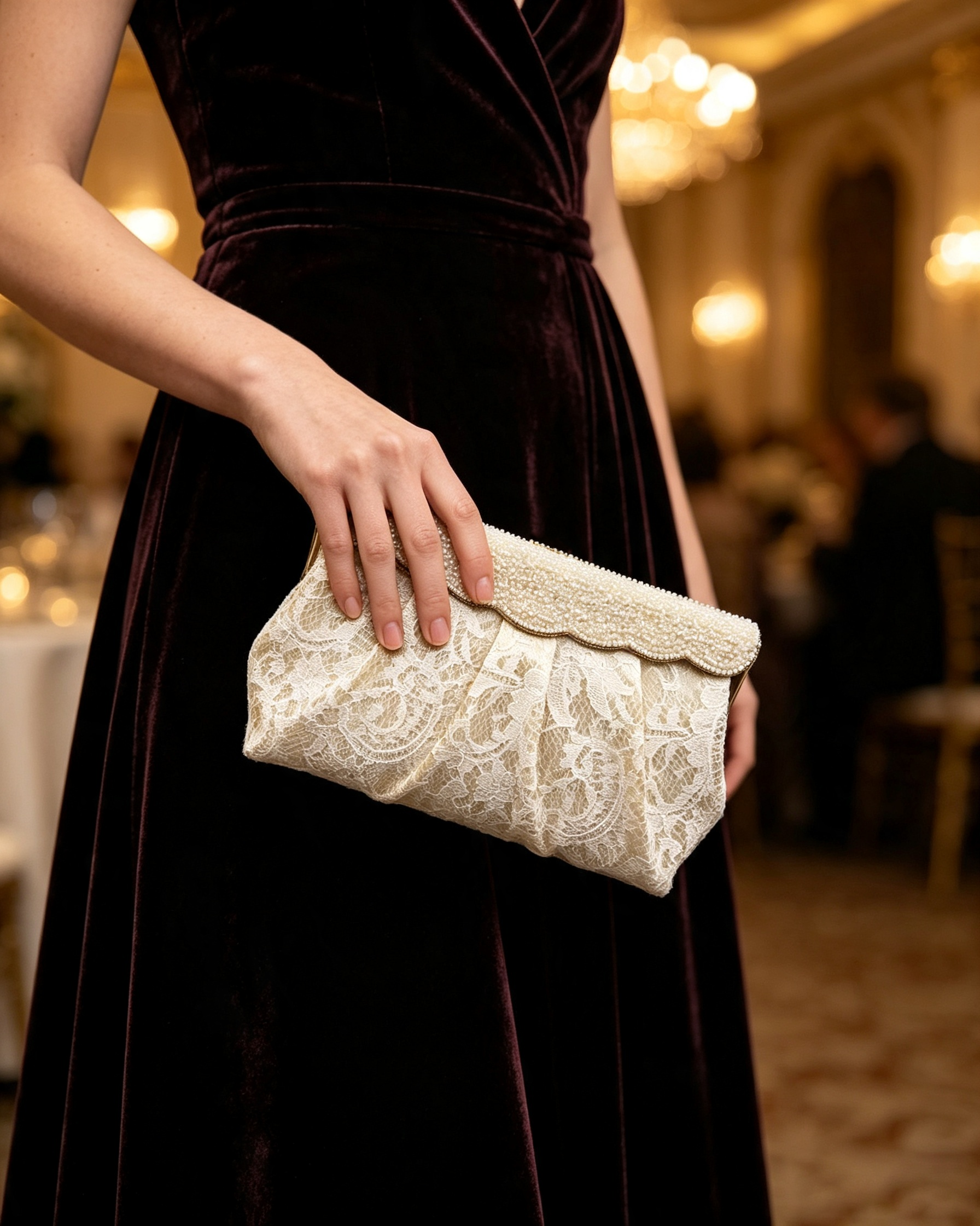Lace Beaded Scalloped Evening Clutch