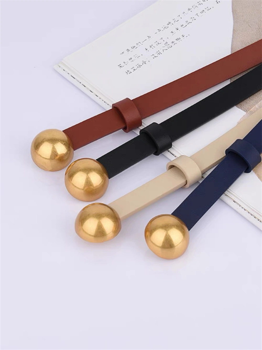 Women's Gold Buckle Head Genuine Leather Thin Belt